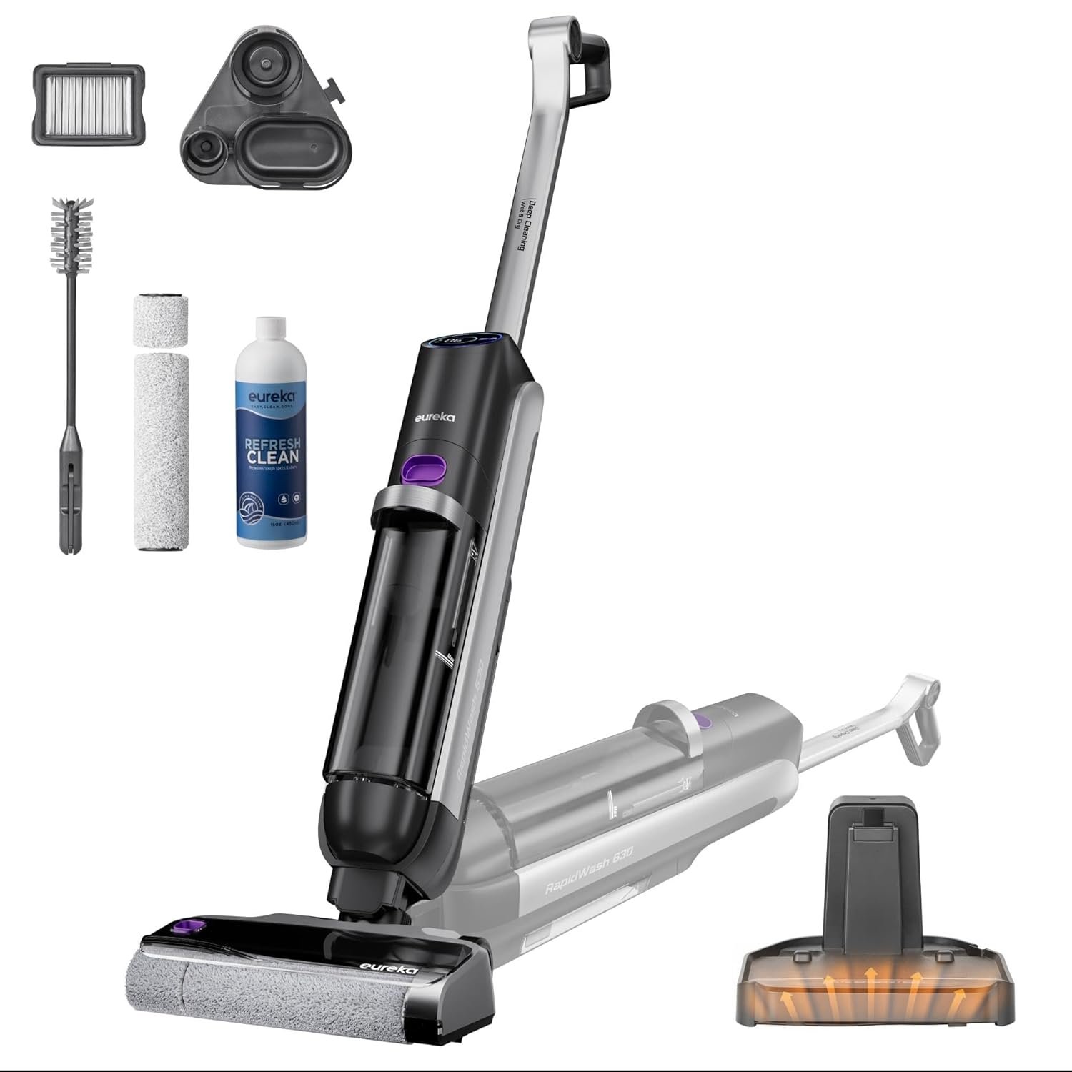 Eureka RapidWash NEW630 Cordless Vacuum Cleaner, Wet and Dry Mop Vacuum Cleaner with 170° Tilt, Hot Air Drying 60°C, Anti Tangle, 38 Mins Battery Life, Water Vacuum Cleaner for...