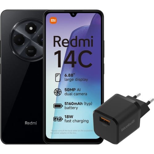 Pack Redmi 14C 128 Go Noir (4G) + chargeur BlueBuilt 18 W USB-A noir