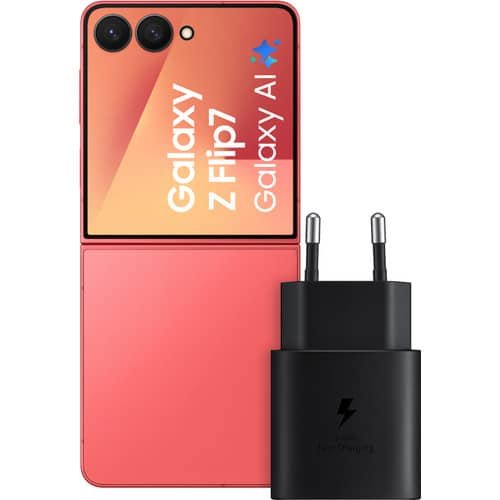 Pack Samsung Galaxy Z Flip 7 5G — 512 Go (rouge) + chargeur Samsung 25 W (noir)