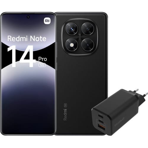 Redmi Note 14 Pro 256 Go Noir 5G + chargeur BlueBuilt 65 W (3 ports USB) — Noir