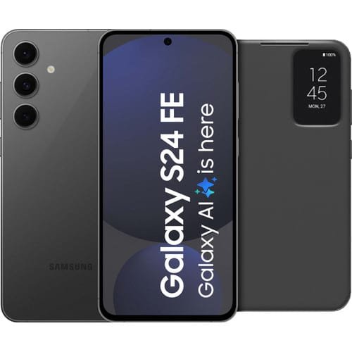 Samsung Galaxy S24 FE 128 Go Gris 5G — avec Clear View Book Case noir