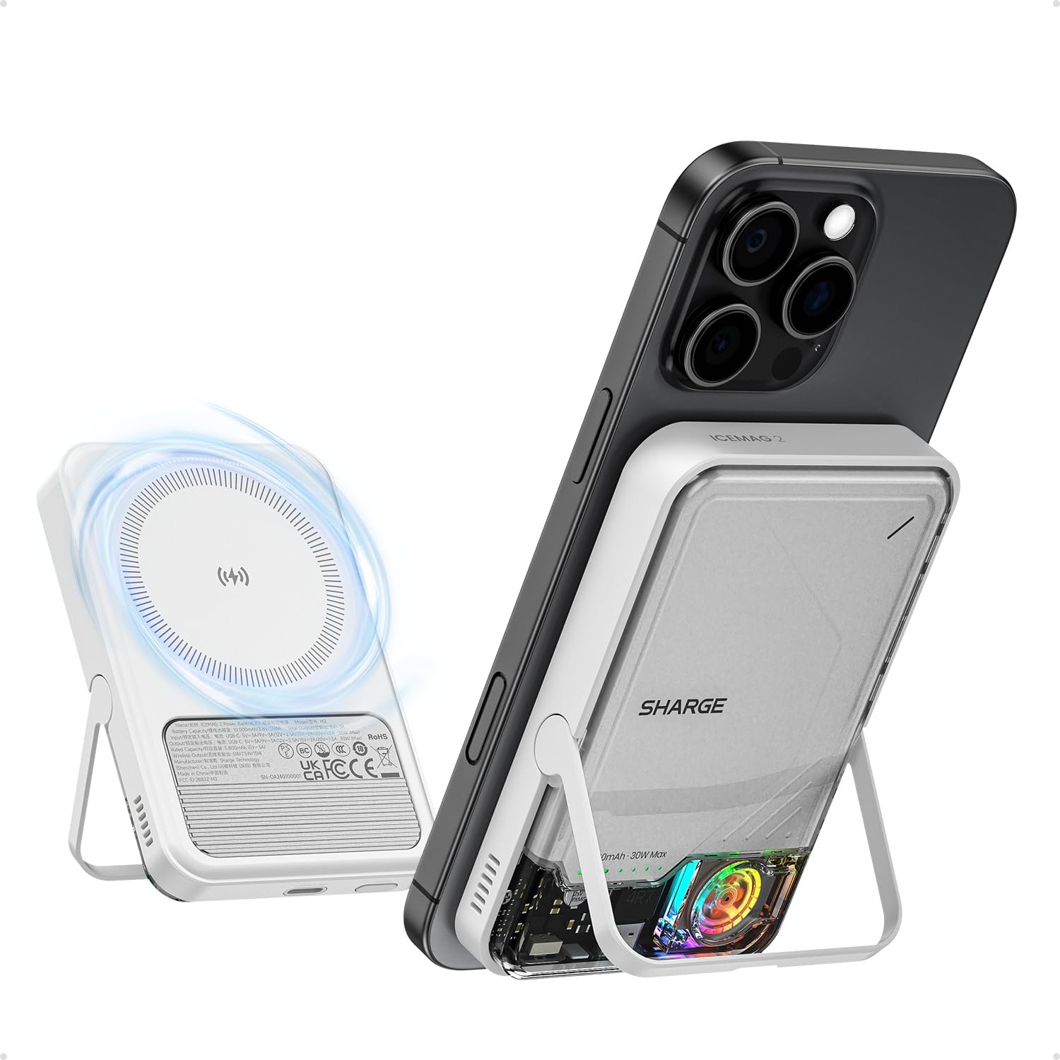 SHARGE ICEMAG MagSafe Magnetic Charger 15W Qi2 Portable Charger with Active Cooling 10000mAh with Foldable Stand Compatible with iPhone 16/15/14/13 (2 Pack)